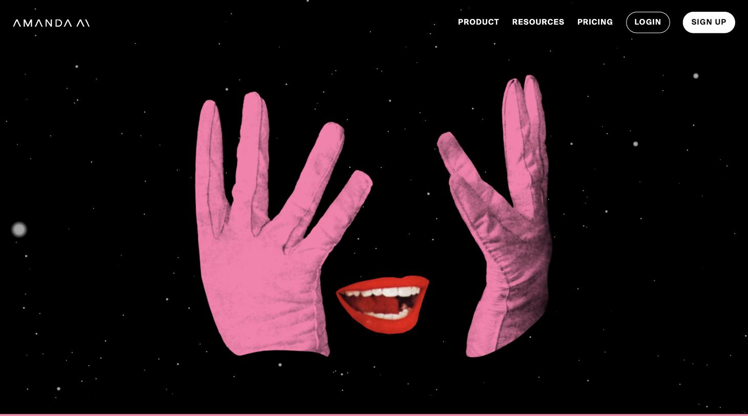 Amanda AI's homepage, a black background with a stylized pink illustration, headed 'Amanda AI runs your ads'