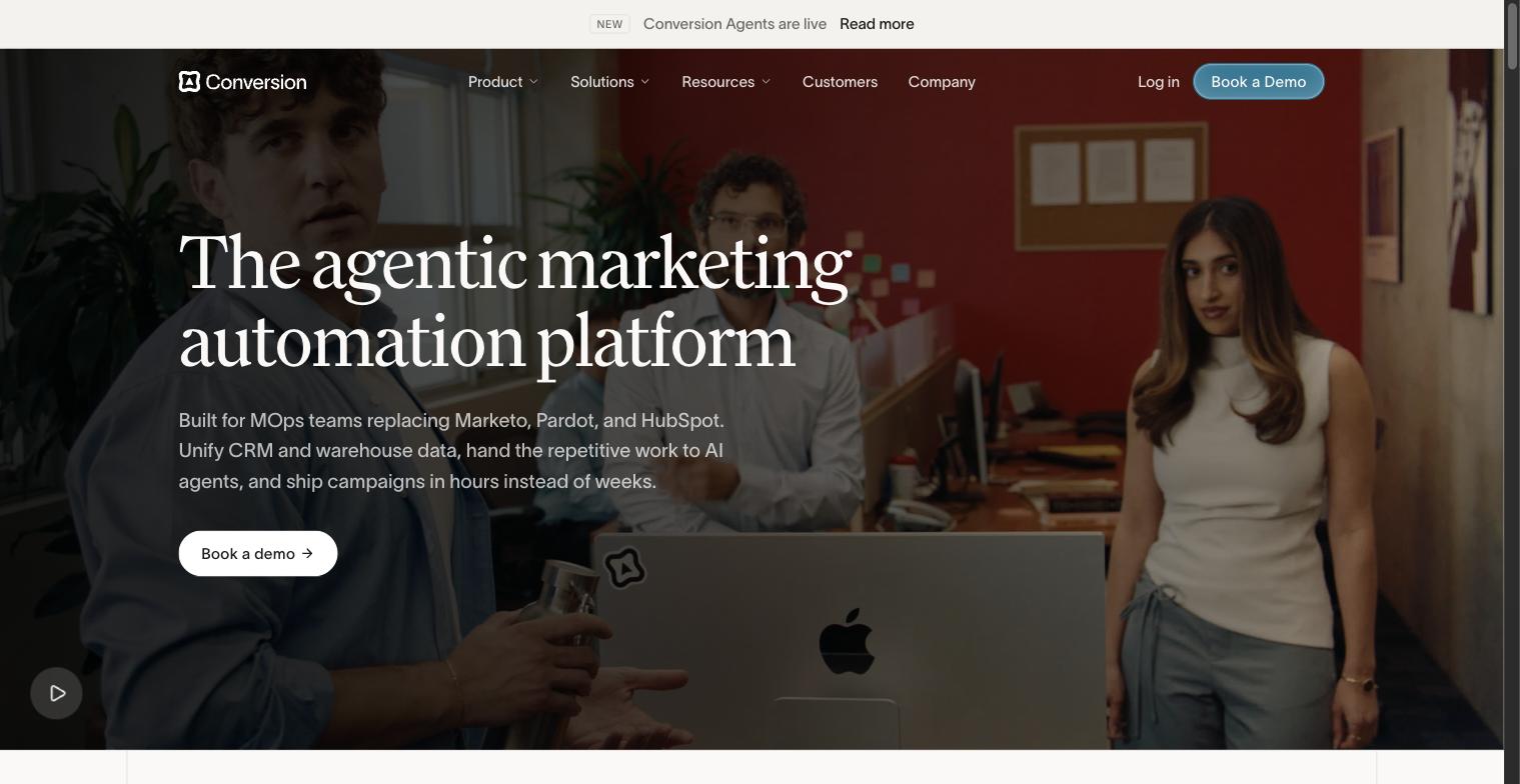 Conversion's homepage headed 'The agentic marketing automation platform', built for MOps teams replacing Marketo, Pardot, and HubSpot