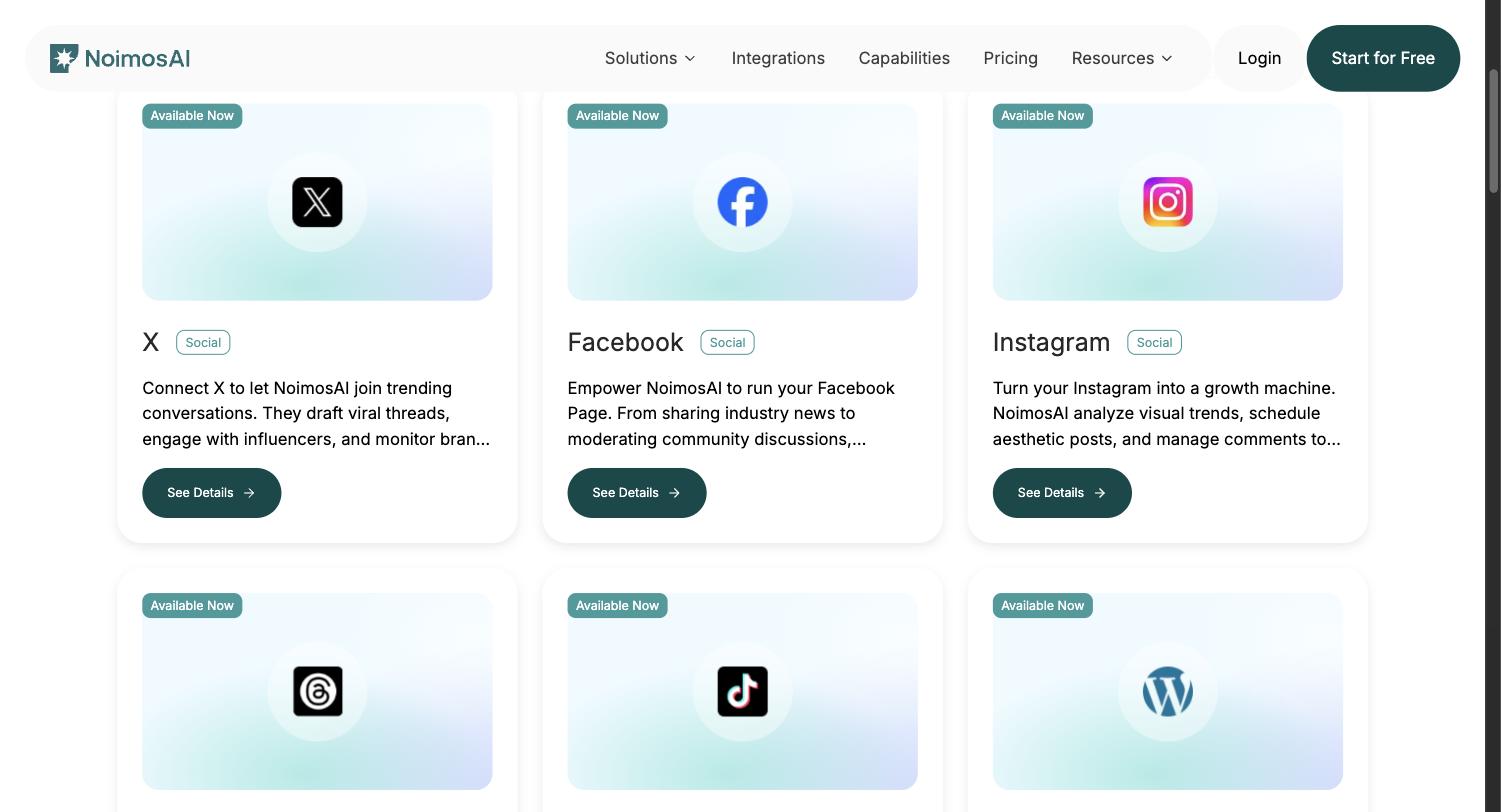 NoimosAI's integrations page showing X, Facebook, Instagram, Threads, TikTok and WordPress cards, each marked Available Now
