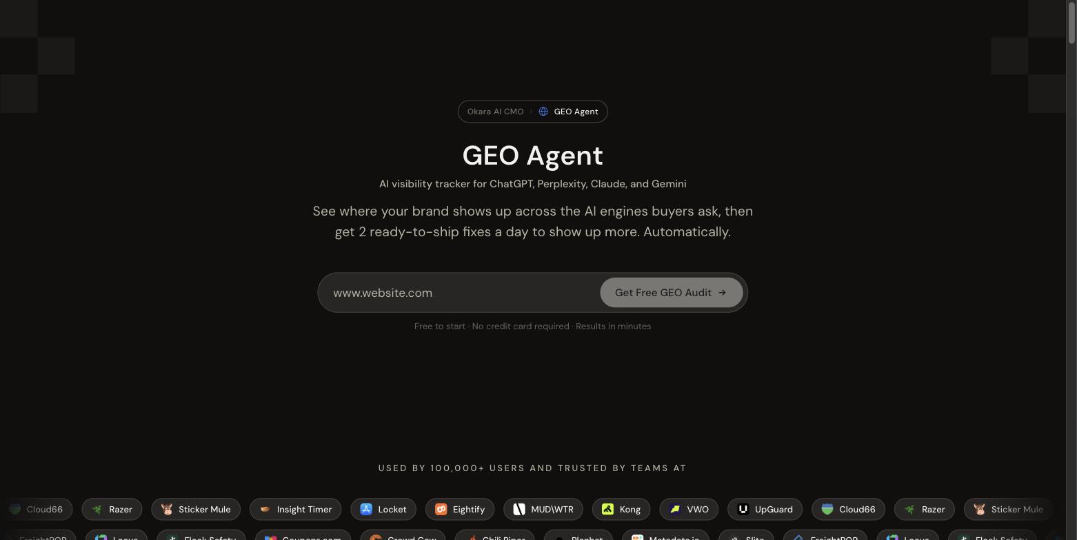 Okara's GEO Agent page, an AI visibility tracker for ChatGPT, Perplexity, Claude and Gemini