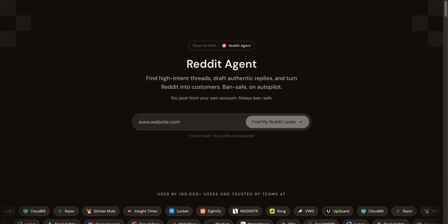 Okara's Reddit Agent page reading 'Ban-safe, on autopilot' and 'You post from your own account. Always ban-safe.', above a wall of company logos captioned 'Used by 100,000+ users and trusted by teams at'