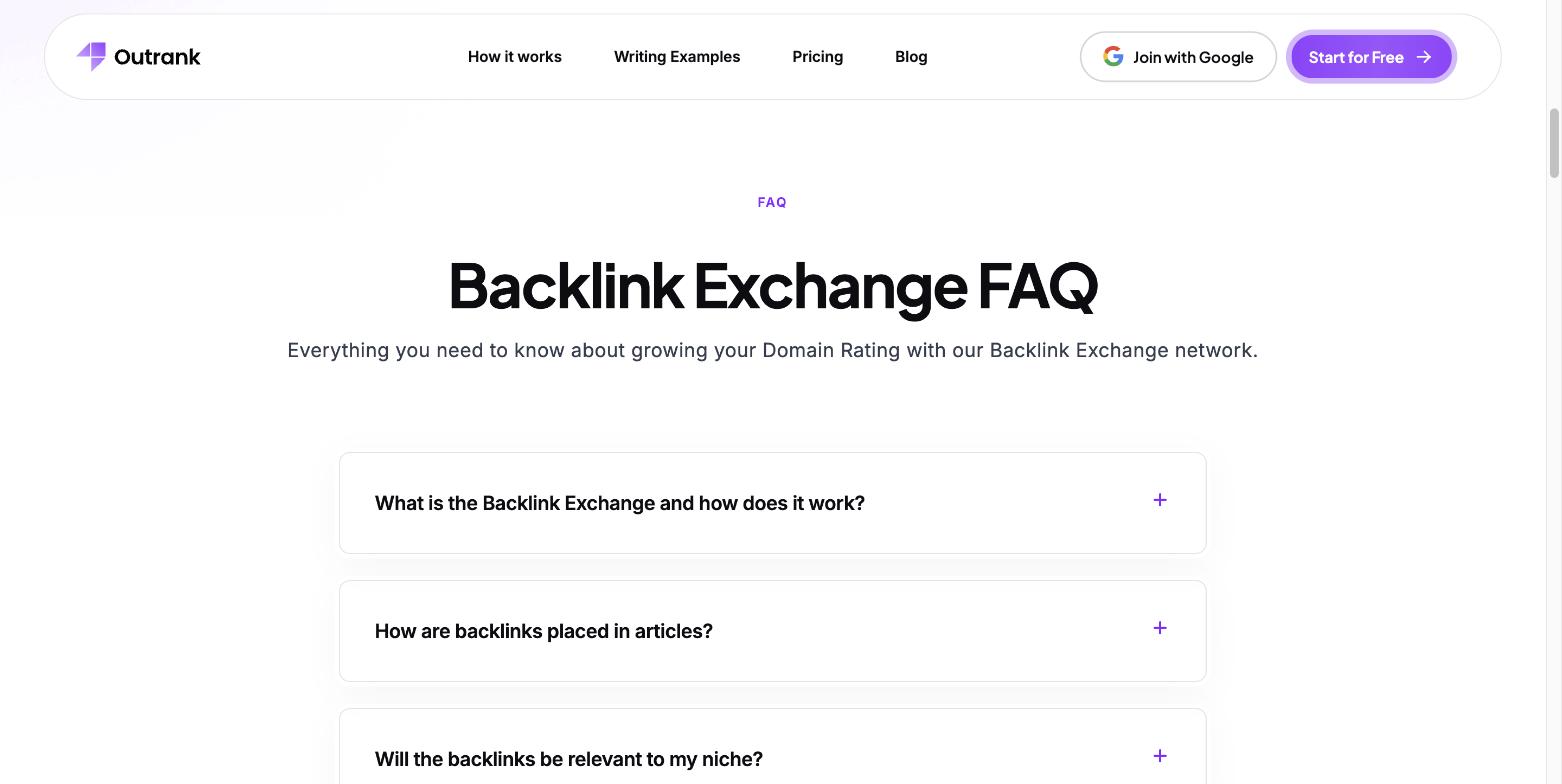 Outrank's Backlink Exchange FAQ page, headed 'Everything you need to know about growing your Domain Rating with our Backlink Exchange network'