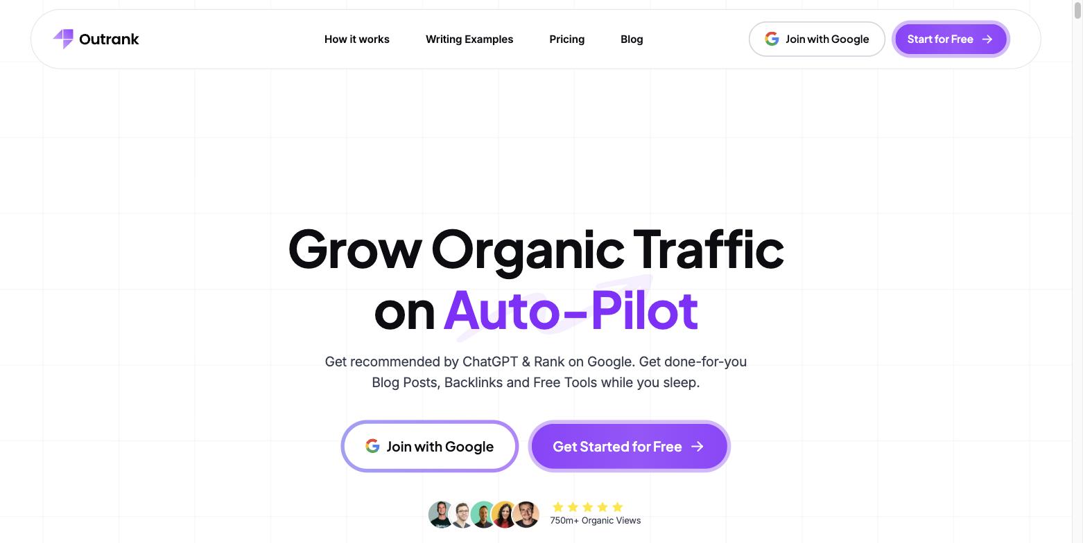Outrank's homepage headed 'Grow Organic Traffic on Auto-Pilot' with the subtitle 'Get recommended by ChatGPT & Rank on Google'