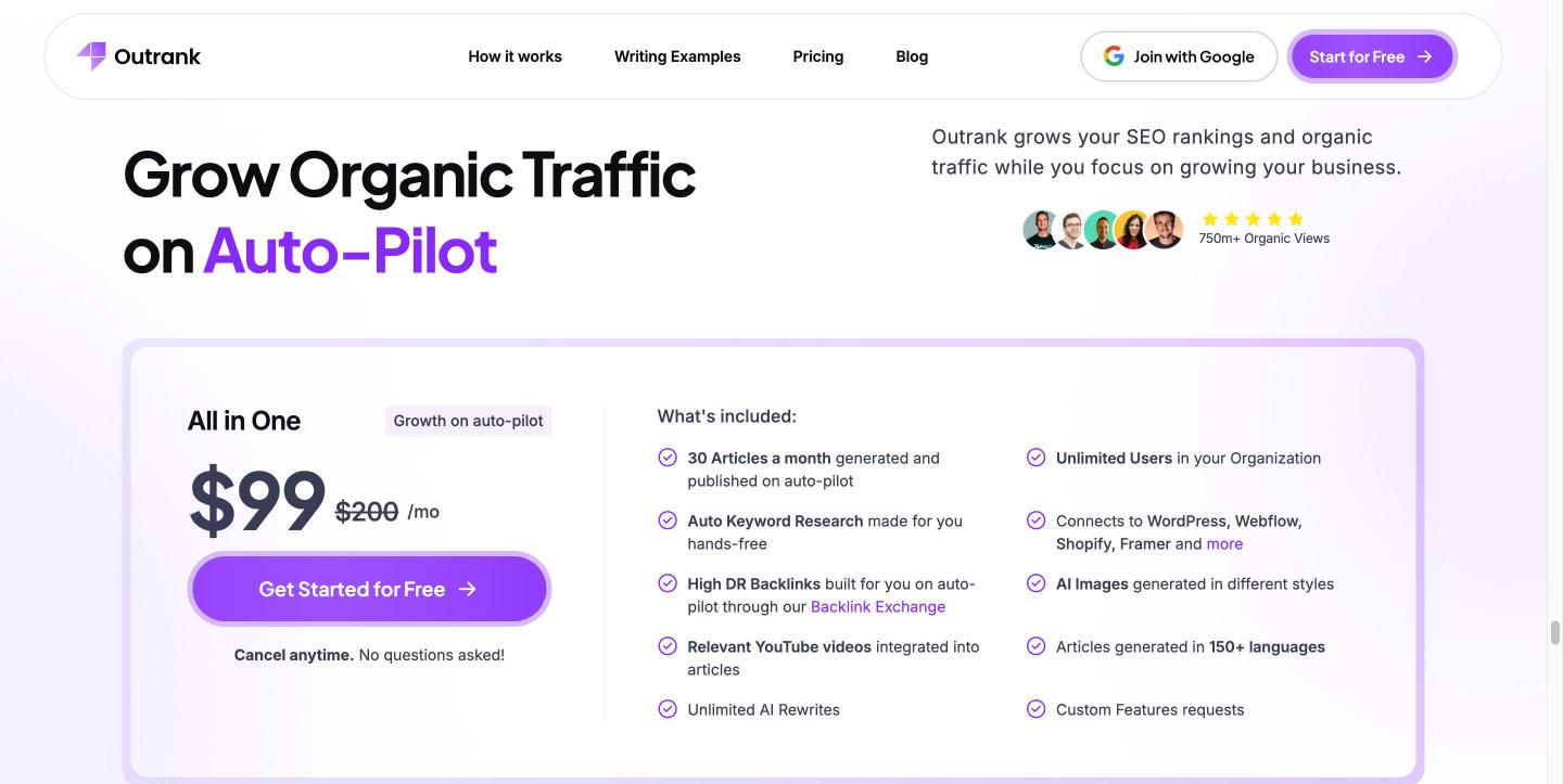 Outrank's All in One plan at $99/mo, struck through from $200, listing 30 articles a month, auto keyword research, high DR backlinks via the Backlink Exchange, unlimited users and CMS integrations