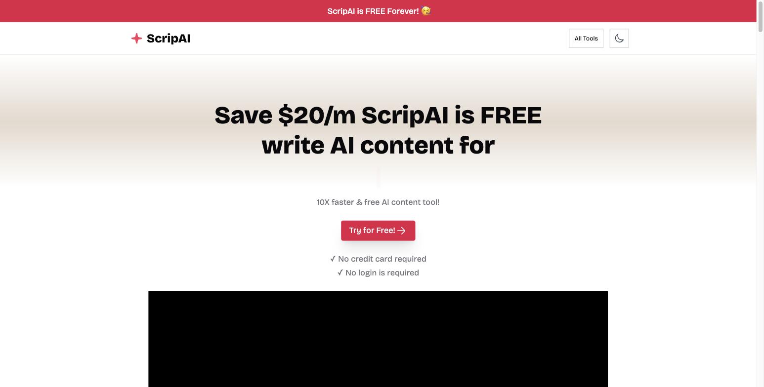 ScripAI's homepage, headed 'Save $20/m ScripAI is FREE, write AI content for', with a red 'FREE Forever' banner across the top