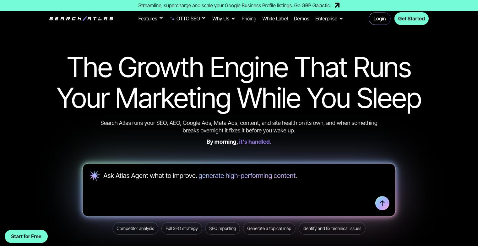 Search Atlas's homepage headed 'The Growth Engine That Runs Your Marketing While You Sleep'