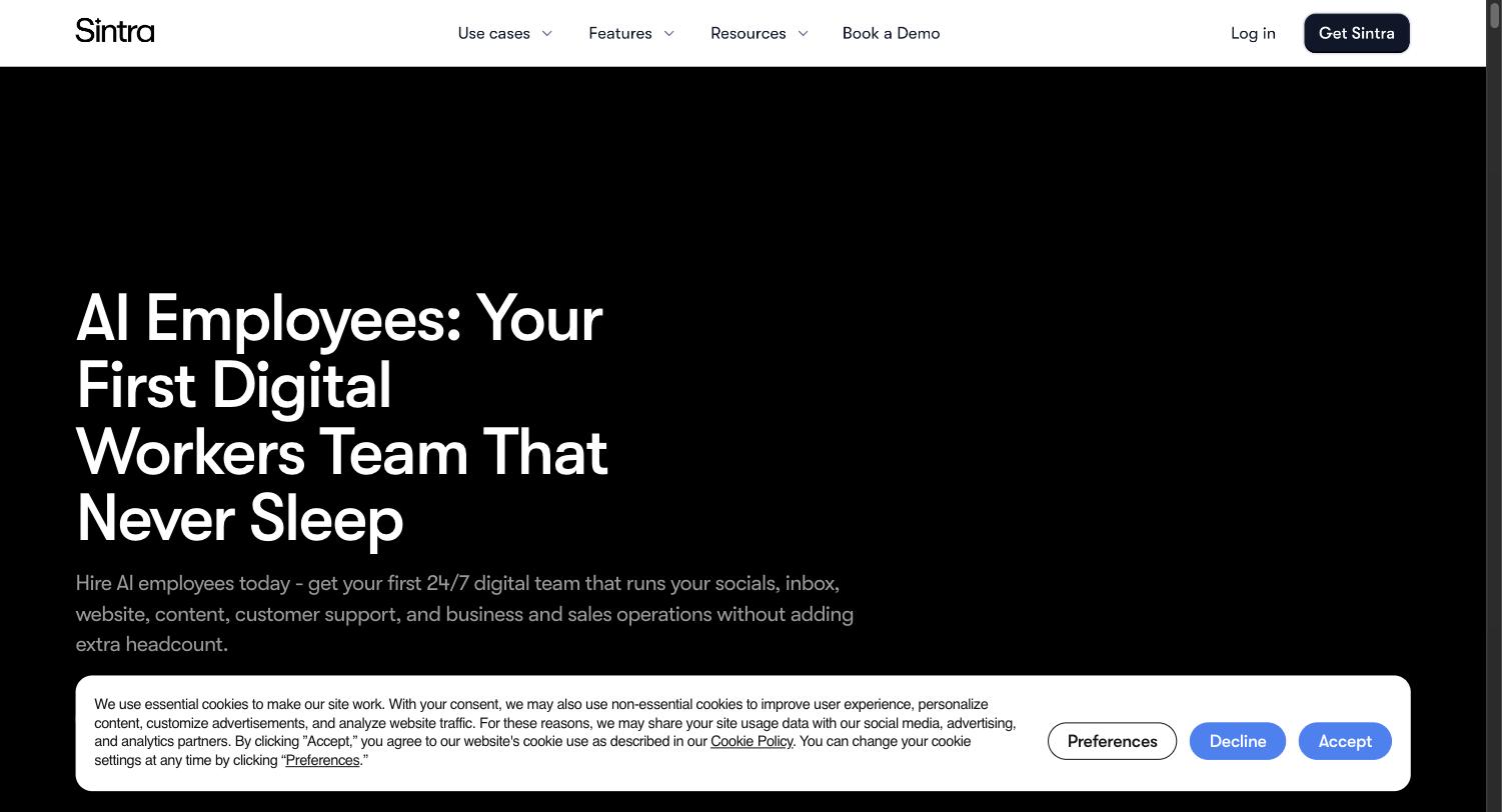 Sintra's homepage headed 'AI Employees: Your First Digital Workers Team That Never Sleep'