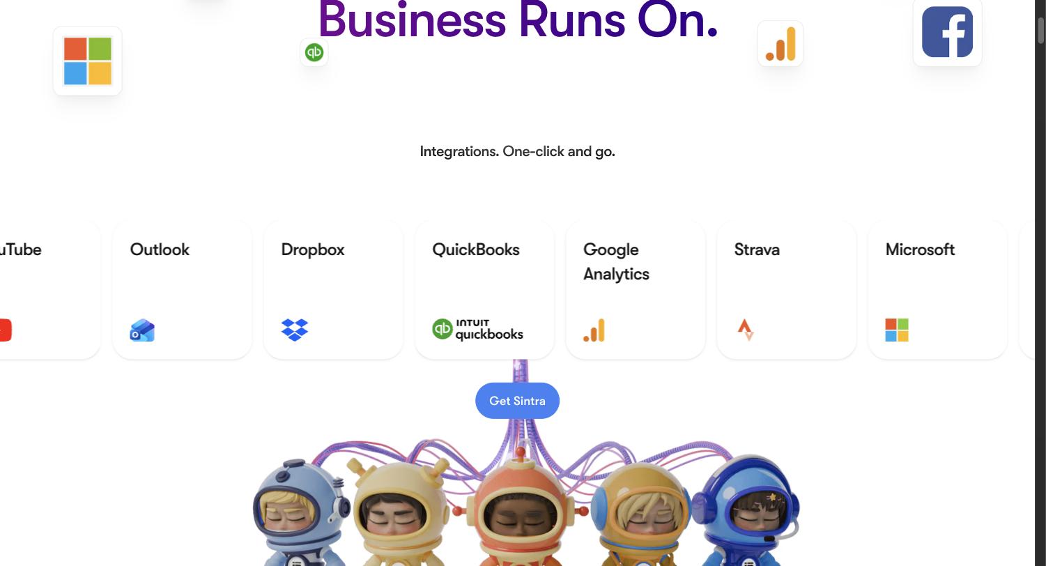 Sintra's integrations page headed 'Integrations. One-click and go.' showing Meta Ads, YouTube, Outlook, Dropbox, QuickBooks, Google Analytics, Strava and Microsoft