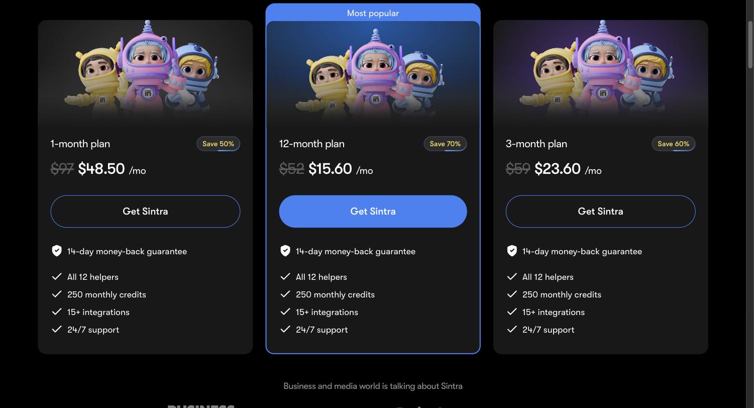 Sintra pricing: 1-month $48.50/mo from $97, 12-month $15.60/mo from $52, 3-month $23.60/mo from $59 — each with all 12 helpers, 250 monthly credits and 15+ integrations
