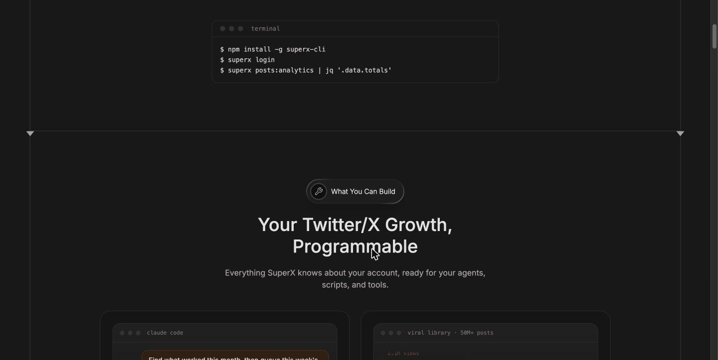 The SuperX CLI: npm install -g superx-cli, superx login, then superx posts:analytics piped to jq