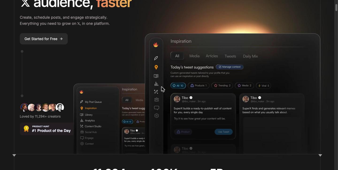 The SuperX homepage showing the Inspiration panel with generated tweet suggestions tagged by trending, viral and product