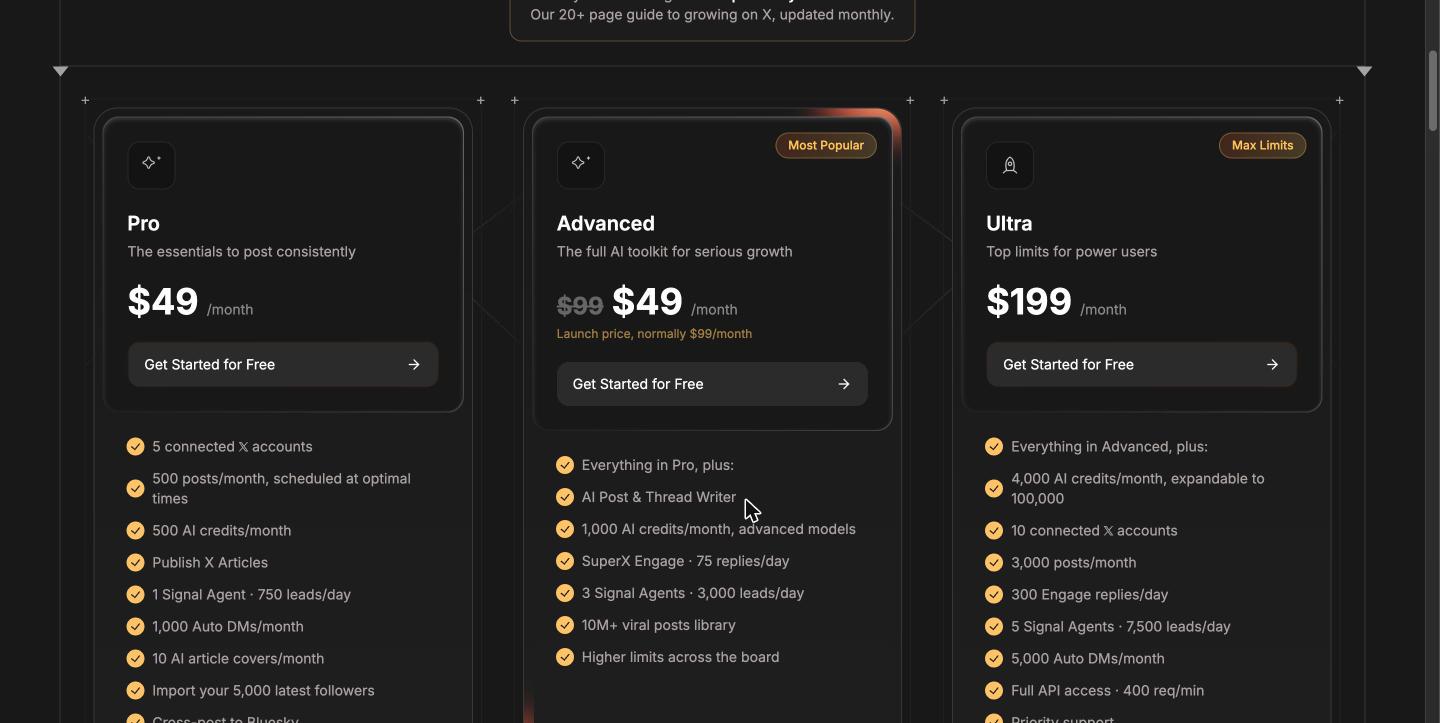SuperX pricing: Pro $49/month, Advanced $49/month marked down from $99, and Ultra $199/month