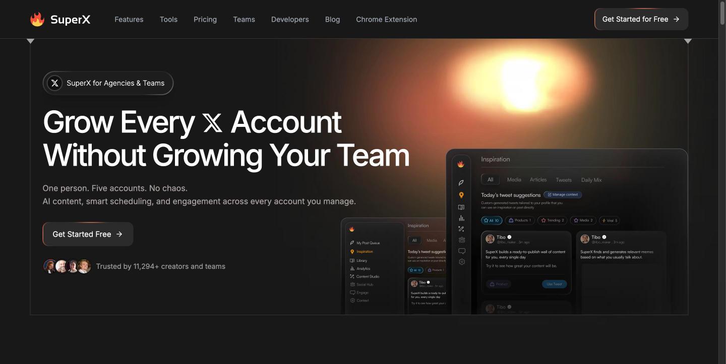 SuperX's teams page: 'Grow Every X Account Without Growing Your Team' with the tagline 'One person. Five accounts. No chaos.'