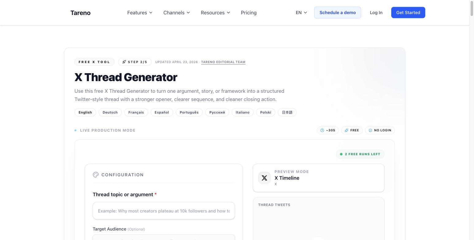 Tareno's X Thread Generator tool page before generating, showing a 'LIVE PRODUCTION MODE' badge and a '2 FREE RUNS LEFT' counter